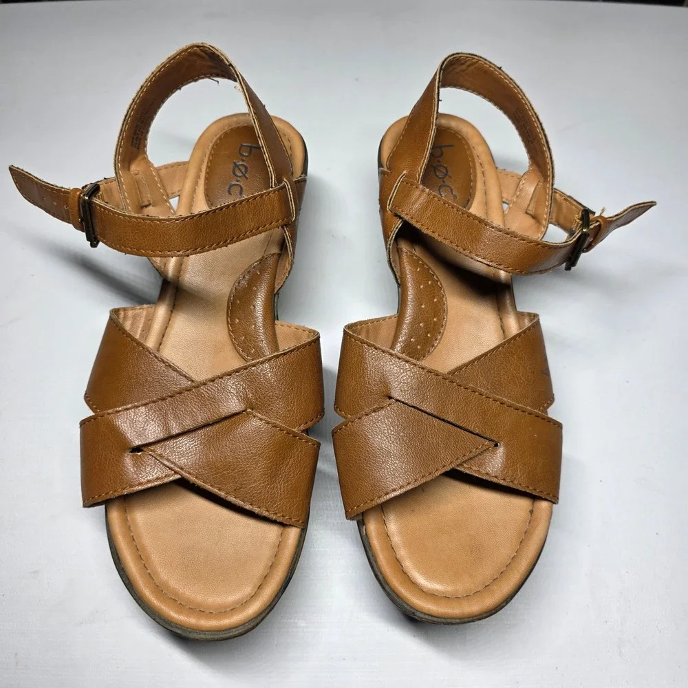 b.o.c. Born Concept Women Brown Faux Leather Wedge Sandals Size 8M Z30041